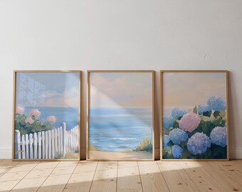 Coastal Hydrangea Triptych, Pastel Beach Wall Art, Serene Ocean Print Set, Coastal Cottage Decor, Soft Blue Landscape, Digital Download 139