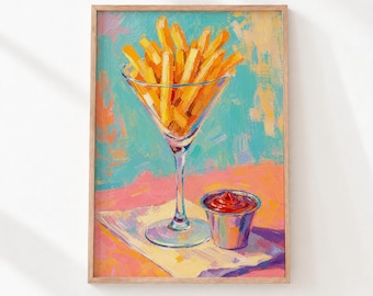 Retro French Fries Martini Glass, Vibrant Food Art Printable Wall Art (Digital Download) 837
