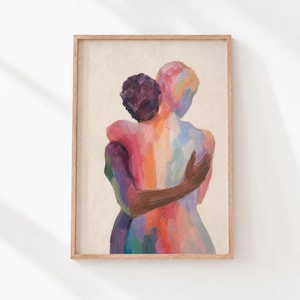 May include: A framed oil painting depicting two figures in an embrace, rendered with thick, visible brushstrokes in a vibrant palette of purple, pink, orange, blue, and cream. The figures are shown from the back, intertwined in a close hug.