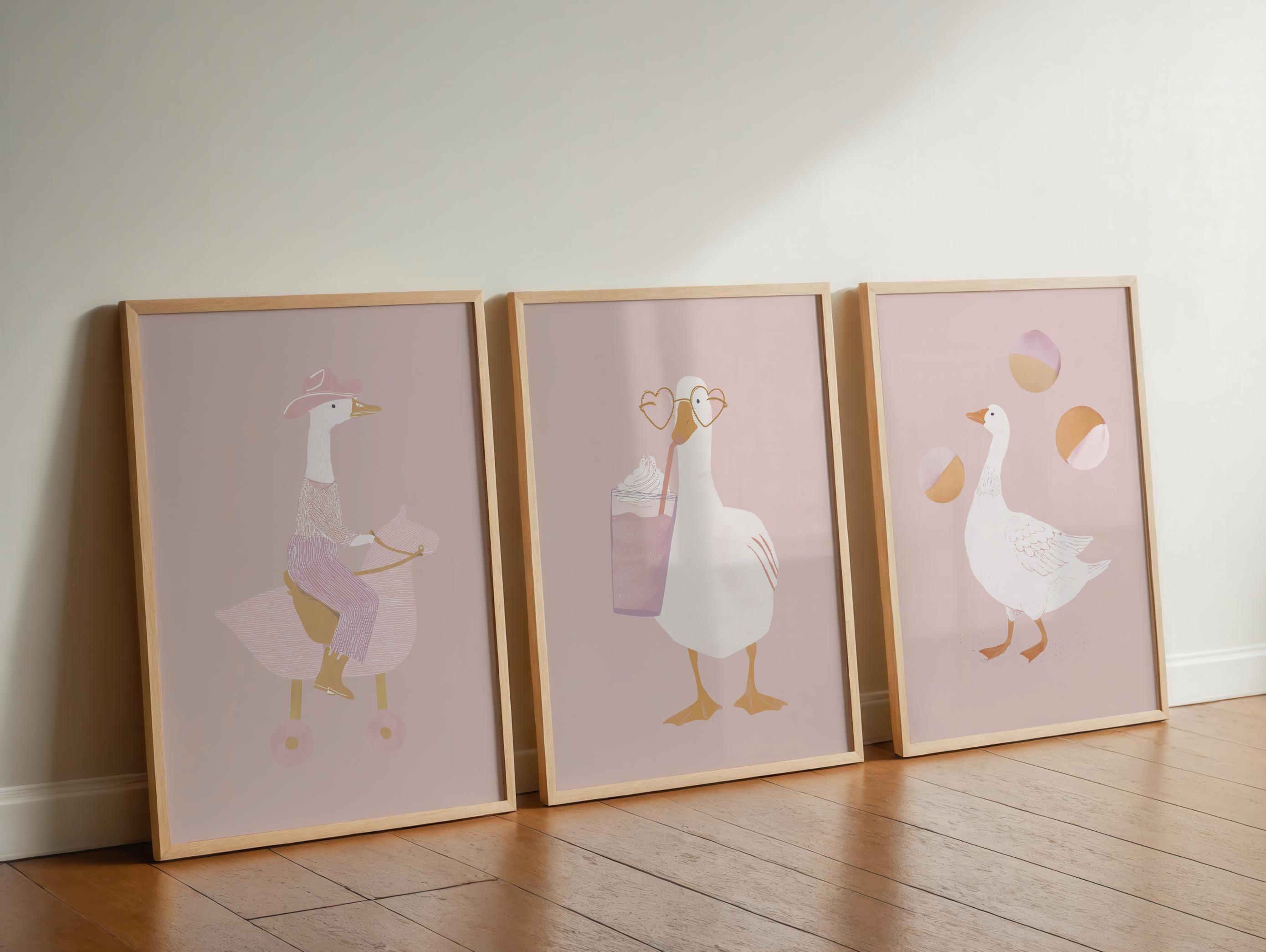 Printable Goose Wall Art Set of 3, Cute Animal Illustrations, Pastel ...