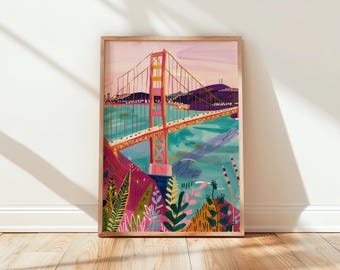 Golden Gate Bridge in San Francisco - Bold Gouache Painting, Colorful Coastal Cityscape Art, Modern Wall Art Printable, Turquoise Bay 466