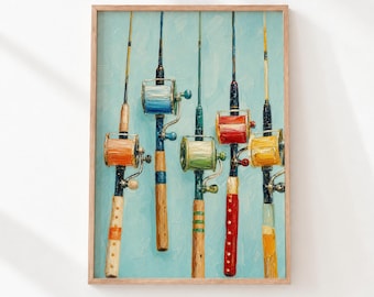 May include: An oil painting featuring five vertical fishing rods with colorful reels against a light blue background. The rods have wooden handles and reels in shades of orange, blue, light green, red, and yellow, rendered with visible brushstrokes.