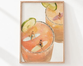 Puede incluir: Una lámina artística enmarcada que muestra dos vasos grandes llenos de un líquido color melocotón, cada uno decorado con una rodaja de lima. Dentro de los vasos, figuras en miniatura surfean sobre pequeñas tablas en el líquido.