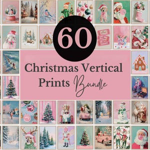 May include: A collection of 60 Christmas-themed vertical prints. The prints feature various holiday scenes, including Santa Claus, Christmas trees, snow globes, and winter landscapes. The color palette is primarily pink, red, and green, with a vintage aesthetic.