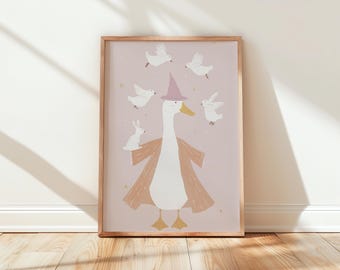 Arte de ganso mágico caprichoso - Decoración imprimible para habitación infantil, lindo ganso con conejos, ilustración de animal mágico, arte de pared para habitación infantil 79