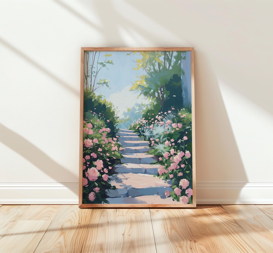 Sunlit Garden Pathway With Blooming Roses - Pastel Floral Printable Art ...