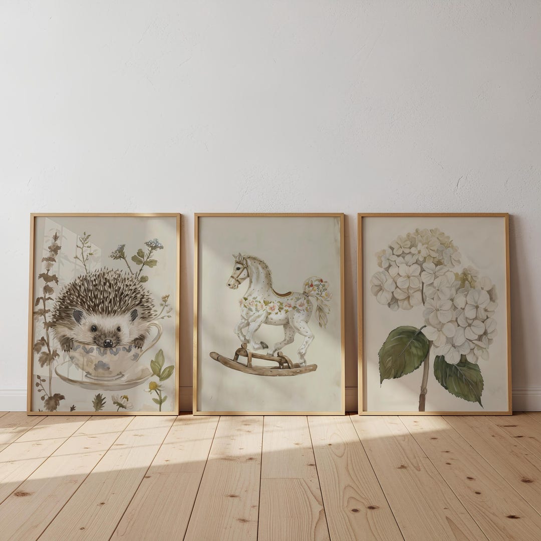 Vintage Nursery Wall Art Set of 3, Cute Hedgehog Print, Classic Rocking ...