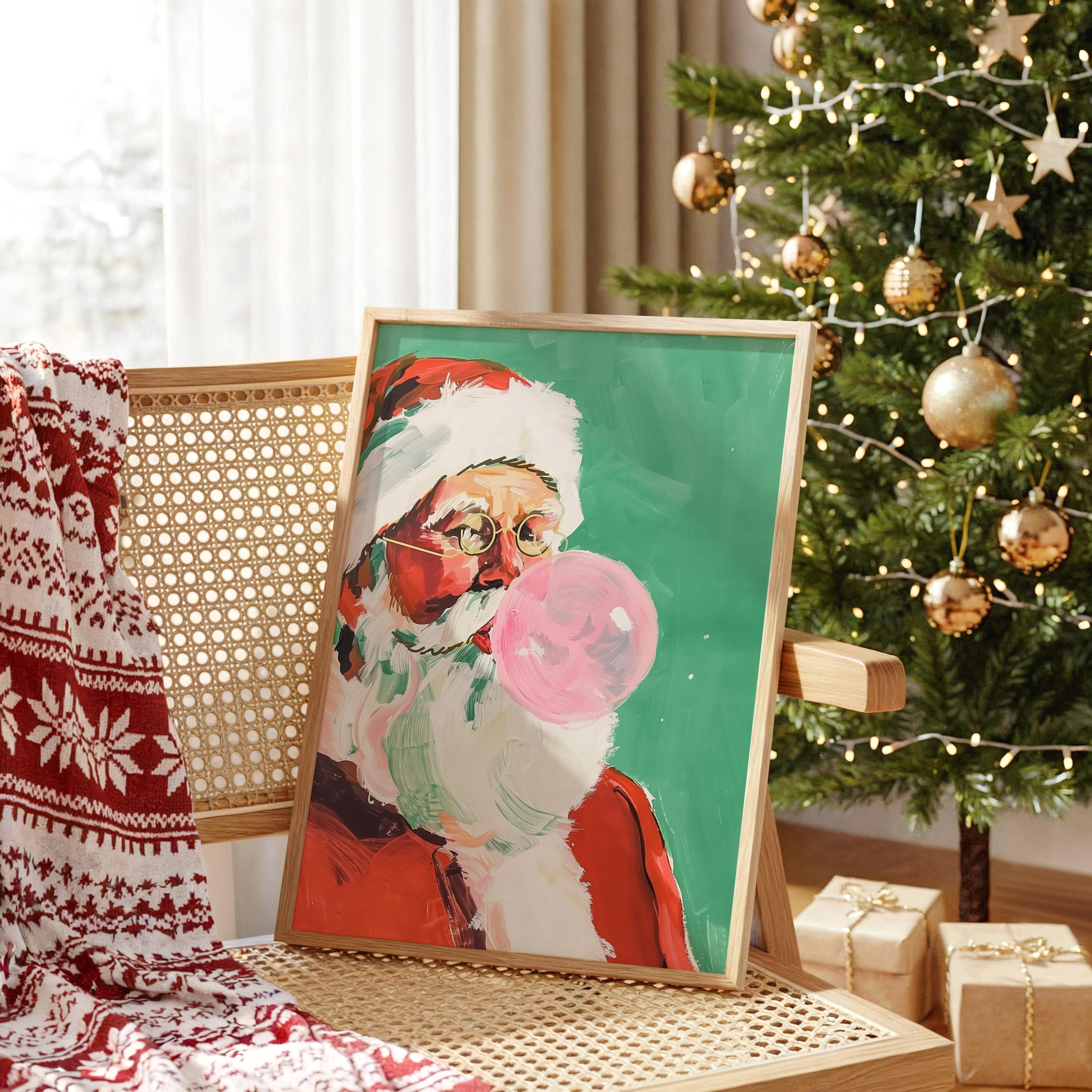 Retro Santa Blowing Bubble Gum Print, Pink Christmas Wall Art