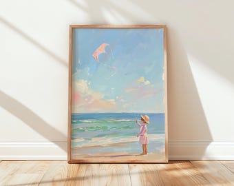ビーチで凧揚げ - 風景、子供、海景：水彩画、壁画、アートプリント