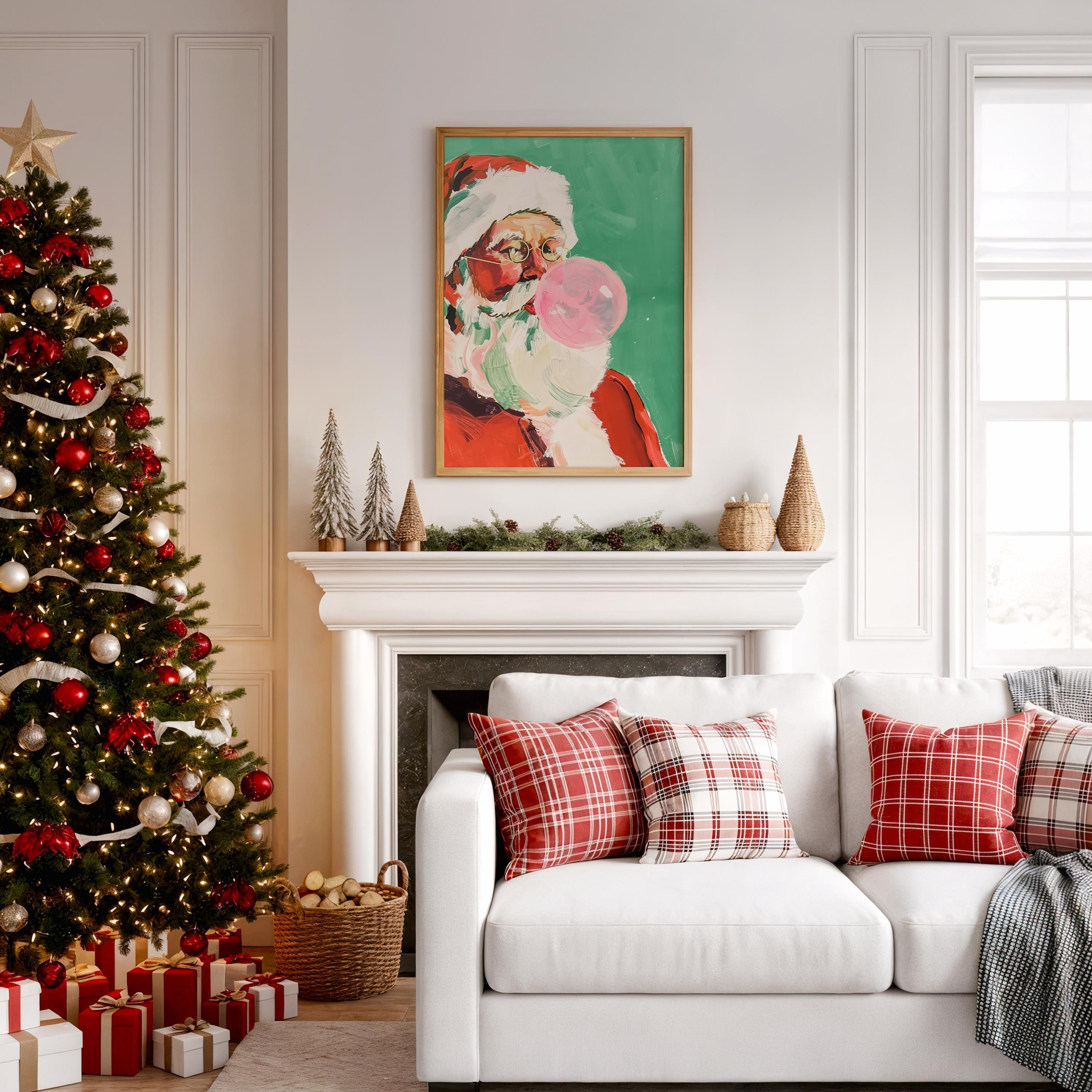 Retro Santa Blowing Bubble Gum Print, Pink Christmas Wall Art