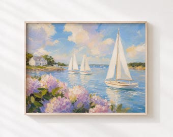 Küsten Segelboot Gemälde, Sommer Cottage Garten druckbare Wandkunst (Digitaler Download) 211