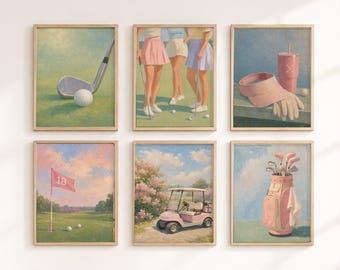 May include: A set of six framed art prints featuring golf-themed illustrations. The collection includes a golf club and ball, three people in skirts on a green, a pink visor and tumbler, a red flag on a course, a pink golf cart, and a golf bag.