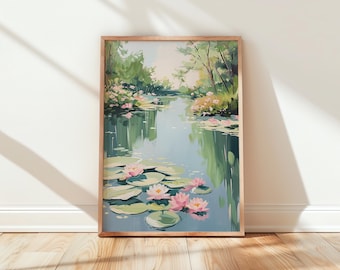 Lily Pad Botanical Garden Pond Print - Calm Serene Wall Art, Peaceful Nature Decor, Soft Impressionistic Digital Download 628