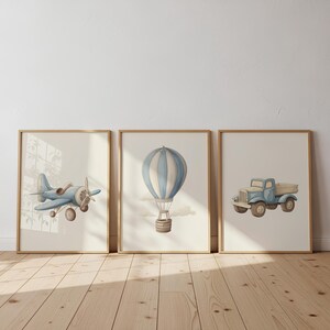 Vintage Transportation Watercolor Printable Set of 3 | Retro Airplane, Hot Air Balloon, Pickup Truck Wall Art Decor for Nursery Room 77