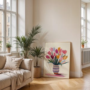 Tulip arrangement digital print for kitchen — cheerful pink and yellow blooms in a modern striped ceramic vase.