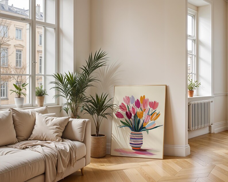 Tulip arrangement digital print for kitchen — cheerful pink and yellow blooms in a modern striped ceramic vase.