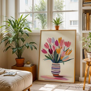 Colorful tulips printable art for hallway — minimalist design with a striped vase and unique painterly style.