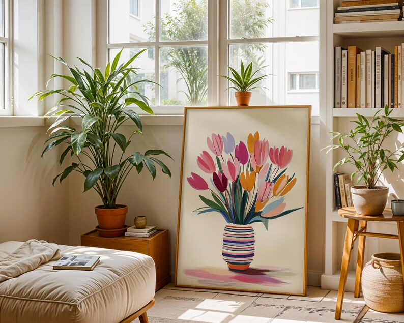 Colorful tulips printable art for hallway — minimalist design with a striped vase and unique painterly style.