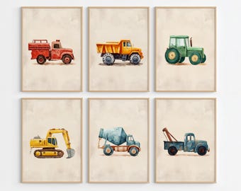 Arte mural con vehículos infantiles divertidos, impresión de vehículos retro, habitación infantil de viaje, habitación infantil de aventuras, decoración infantil para niños, habitación infantil de los 80