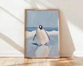 Cute Baby Penguin Watercolor Art - Blue Gray Palette, Winter Animal Wall Decor, Printable Nursery Wall Art, Playful Arctic Scene 305