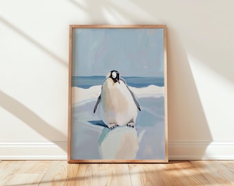 Niedlicher Baby Pinguin Aquarell Kunst - Blau Grau Palette, Winter Tier Wanddekoration, Druckbare Kinderzimmer Wandkunst, Verspielte Arktische Szene 305