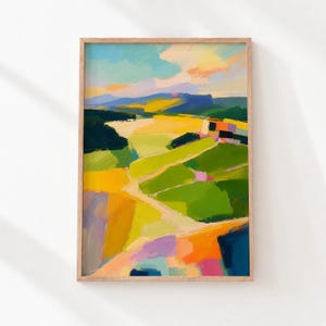 Colorful Patchwork Fields Painting, Modern Farmhouse Landscape Printable Wall Art (Digital Download) 986