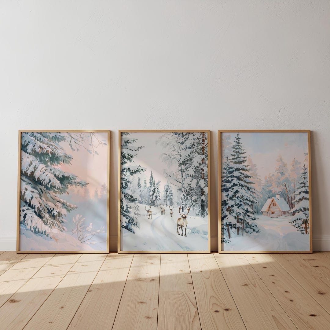 Winter Cabin and Reindeer Wall Art Set of 3, Snowy Forest Landscape ...