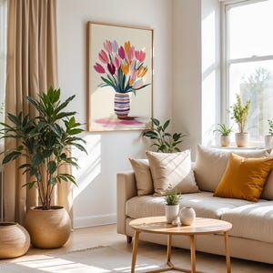 Bright bouquet of tulips wall art for office — colorful floral design in a striped vase with a minimalist vibe.