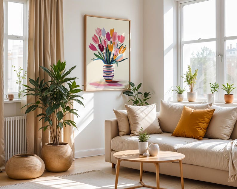 Bright bouquet of tulips wall art for office — colorful floral design in a striped vase with a minimalist vibe.