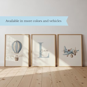Custom Vintage Transportation Printable Set of 3 | Retro Airplane, Hot Air Balloon Wall Art Decor for Nursery Room | Custom Boy Name Art 89