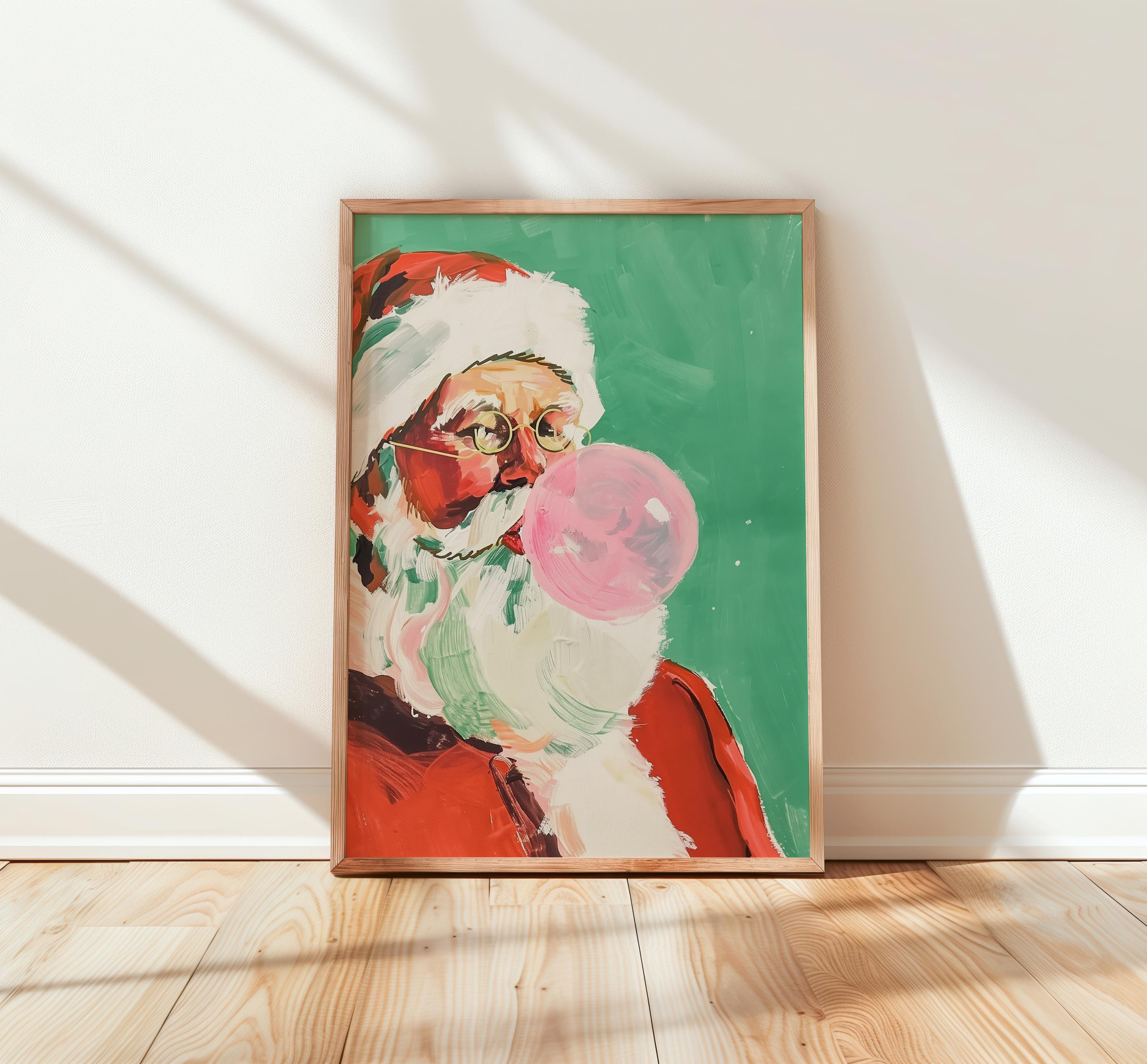 Retro Santa Blowing Bubble Gum Print, Pink Christmas Wall Art