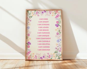 Pôster de Afirmação Elevatória - Arte de Parede Motivacional Feminina, Citações Positivas em Rosa, Decoração Floral em Aquarela Pastel, Arte para Imprimir 504