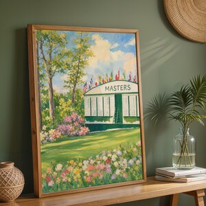 Golf scoreboard painting printable art for game room — vintage-style Masters tournament scene with wildflowers and spring blooms