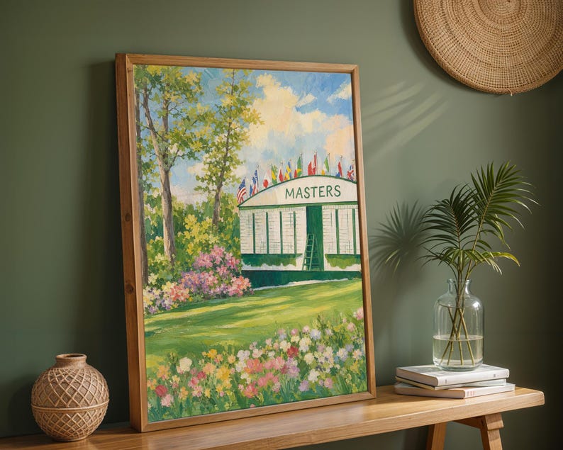 Golf scoreboard painting printable art for game room — vintage-style Masters tournament scene with wildflowers and spring blooms