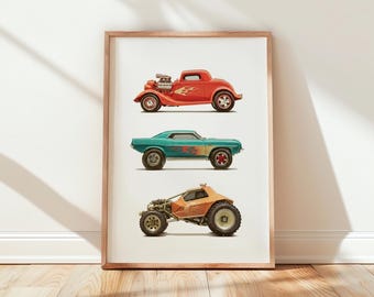 Vintage Car Printable Wall Art - Retro Toy Cars Illustration, Stacked Hot Wheels Decor, Boys Room Decor, Classic Car Art Print 125