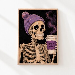 Skelettkaffeälskare, enkel häxa Halloween utskrivbar väggkonst (digital nedladdning) 1125
