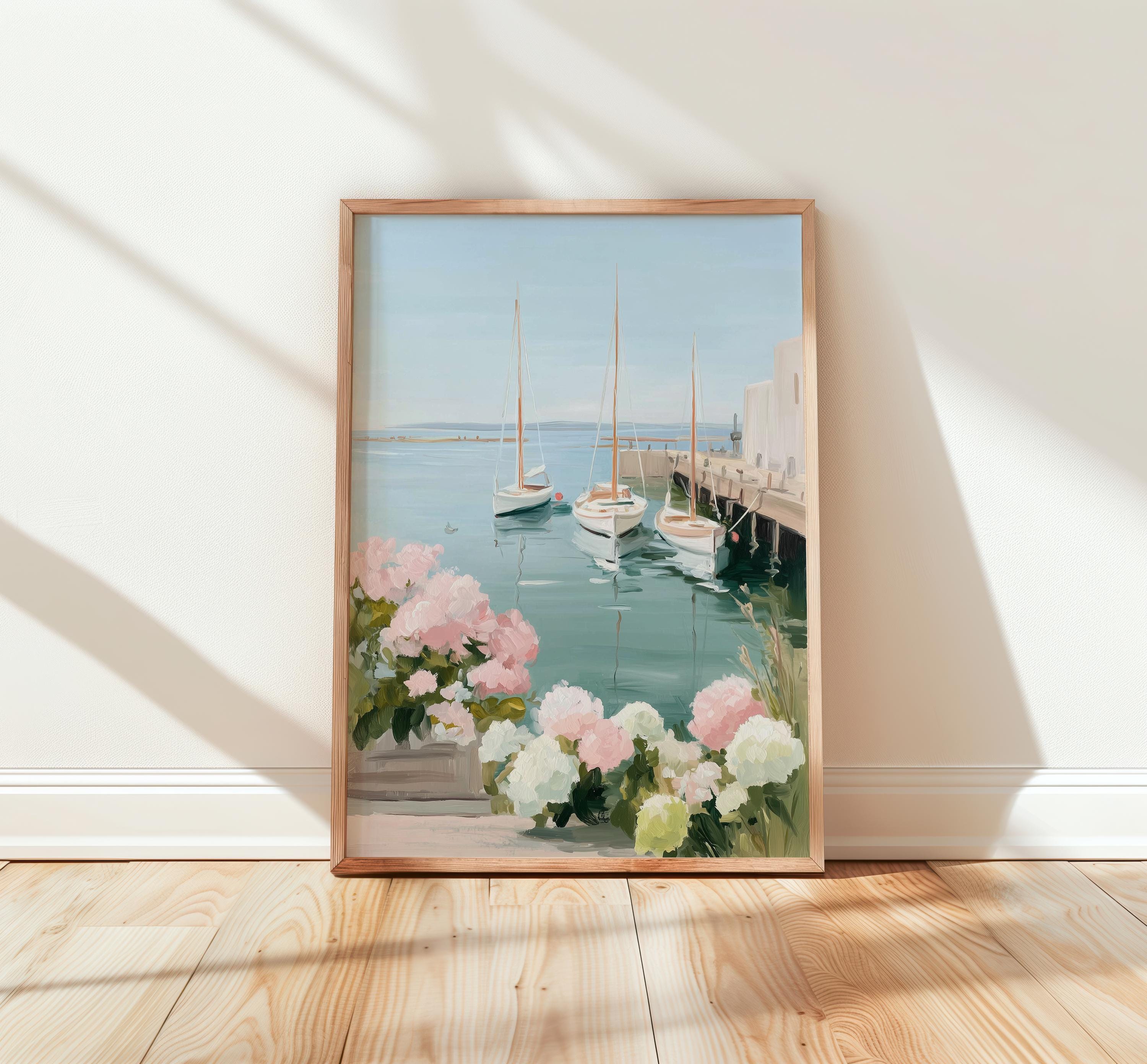 沿岸の水彩画、帆船の風景 - ライトパステル調の港湾壁アート、ビーチ