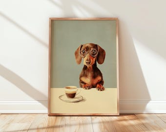Teckel koffie print - schattige hond keuken kunst aan de muur, grappige wiener hond poster, koffieliefhebber cadeau, eigenzinnig café decor, digitale download 154