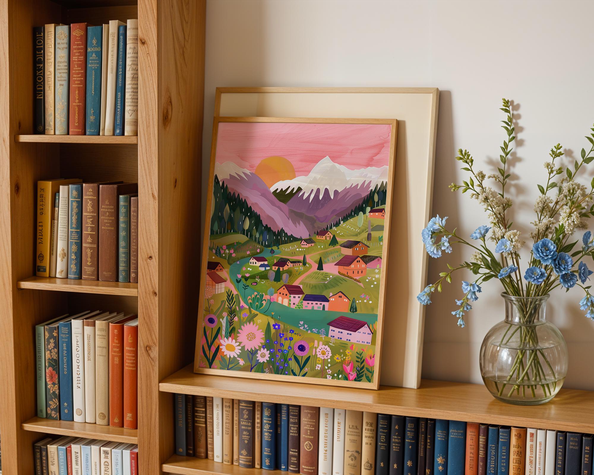 Rustic Alpine Village Wall Art - Cozy Swiss Landscape With Snow