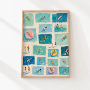 May include: A rectangular art print featuring a grid of multiple blue-toned squares, each depicting people swimming, diving, or floating in water. The composition includes figures on a pink shell float and a yellow inner tube, all set against a cream background.
