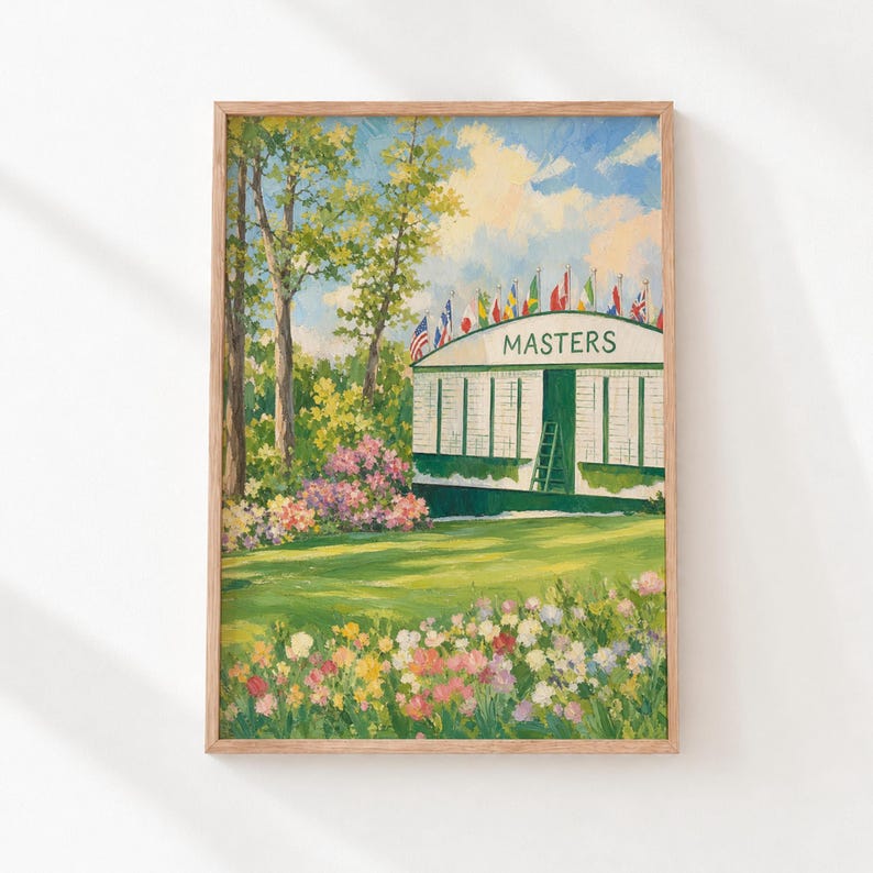 Golf course digital print for sports enthusiast decor — scenic azalea garden with Masters scoreboard and blue sky landscape