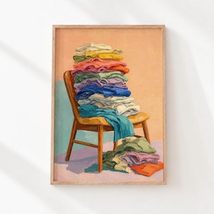 Colorful Laundry Stack on Chair, Retro Bathroom Wall Art Printable (Digital Download) 1044