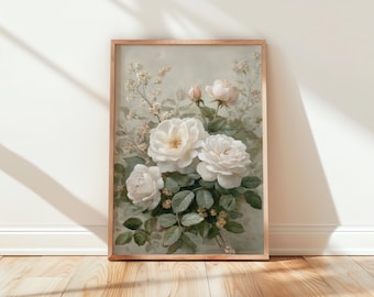 Vintage White Rose Botanical Art Printable - Romantic Cottagecore Roses, Farmhouse Wall Decor, Painterly Floral Printable, Digital 520