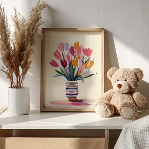 Minimalist floral picture for children's room — fun and colorful tulips in a striped vase that brighten up the decor.