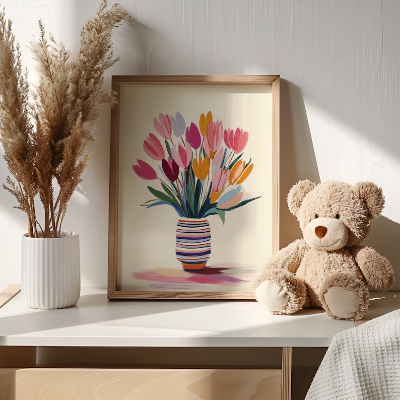 Minimalist floral picture for children's room — fun and colorful tulips in a striped vase that brighten up the decor.