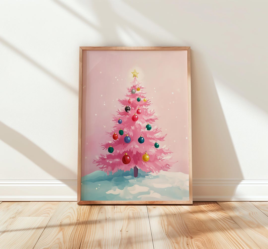 Pink Christmas Tree Print - Festive Pastel Holiday Wall Art, Cute ...
