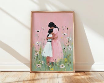 Motherhood Wall Art - Mom and Girl in Spring Meadow, Inspirational Wall Decor, Pink Floral Background Art, Digital Print 364