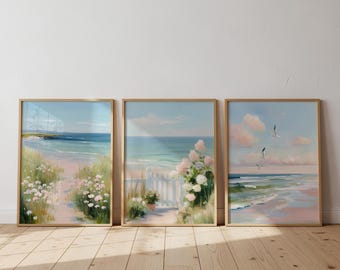 Set of 3 Pastel Coastal Wall Art, Summer Beach Print, Ocean Wildflowers, Beach House Decor, Printable Summer Decor Bundle 86