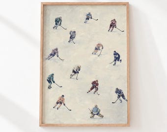 Vintage Hockey Players Print, Muted Sports Wall Art, Painterly Rink Painting (Digital Download) 1719