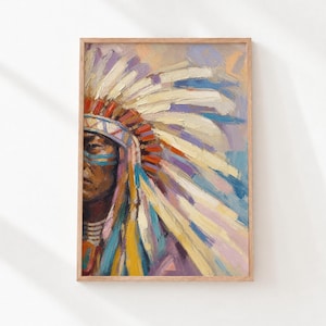 Könnte beinhalten: Ein Ölgemälde auf Leinwand, das das Profil einer Person mit einem großen Federschmuck zeigt. Das Kunstwerk zeichnet sich durch dicke, sichtbare Pinselstriche in einer Palette aus Weiß, Gelb, Blau und Rot sowie blauen Gesichtsbemalungen aus.